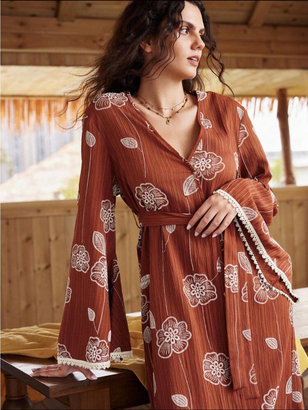Boho Bohemian Floral Print Women Robe Casual Loungewear Rust New